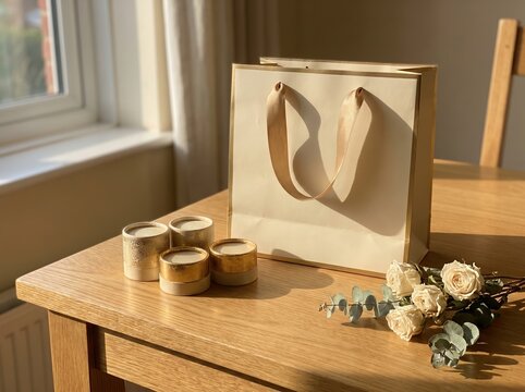 Luxury shopping gift bag with candles and roses on wooden table for ecommerce background and stylish product display