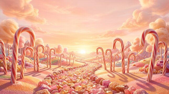 Whimsical candy land landscape with candy cane trees, magical sugar world at sunset, pink cotton candy clouds over a sweet dessert path