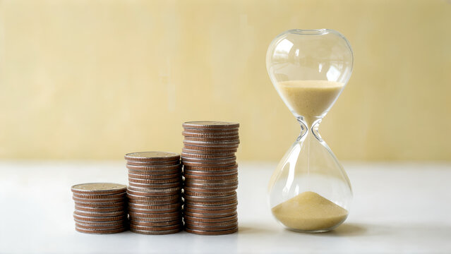 Stacks of coins next to an hourglass representing time and money management.