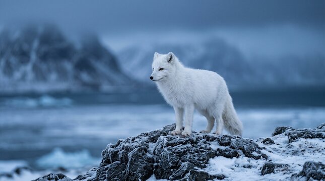 Arctic fox in winter white fur standing on frozen rocks, wild polar fox in snowy mountain landscape, majestic white fox in cold tundra environment