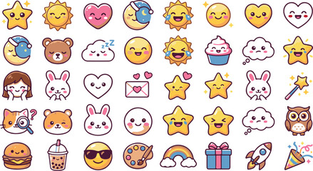 Fototapeta premium cute kawaii emoji and sticker icons set vector illustration colorful flat design