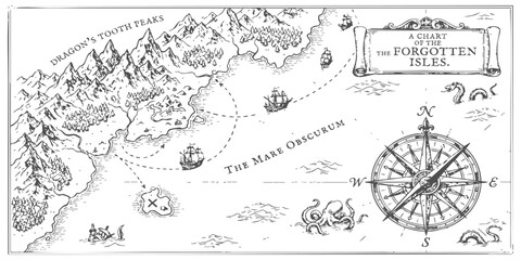 Old hand drawn fantasy map with mountains and sea ships and a compass rose in black ink on white paper © ZenVectors