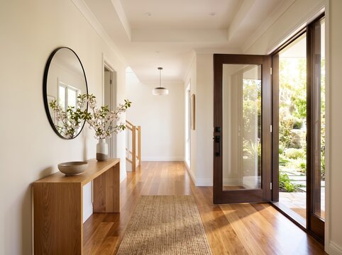 Neat modern entrance hallway with open door and natural light for interior design background and real estate presentation