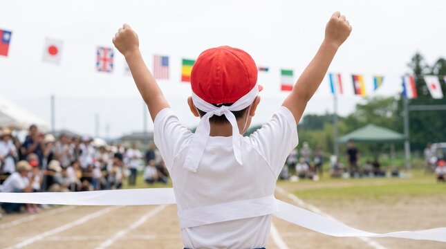 Child from behind crossing finish line at japanese sports day victory moment photo no face