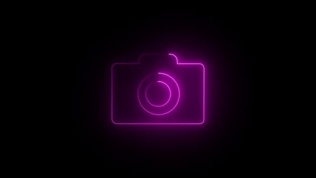 Glowing neon camera icon animation for recording and film concept with pictogram style on a dark black background.