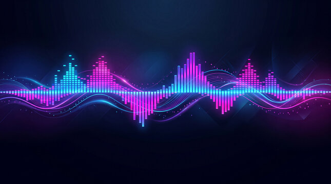 Glowing neon audio spectrum with vibrant blue and pink equalizer bars on a dark futuristic background.