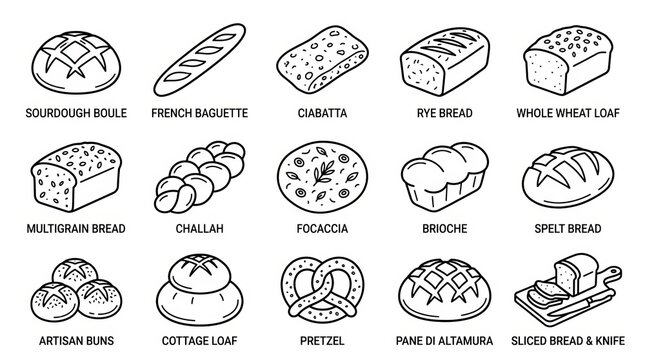 Assorted types of bread and dough shapes illustrated in a flat design style.