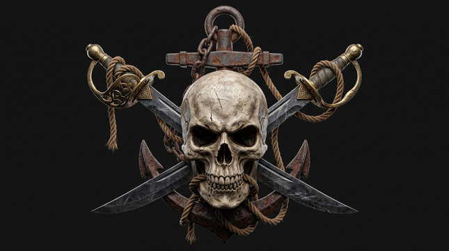 Gritty 3D render of a pirate skull with crossed swords and a rusty anchor on a black background.