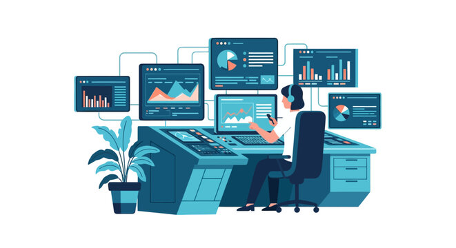 Professional working in a high-tech control room, monitoring multiple data dashboards with charts and graphs for business analytics and strategic decision-making.