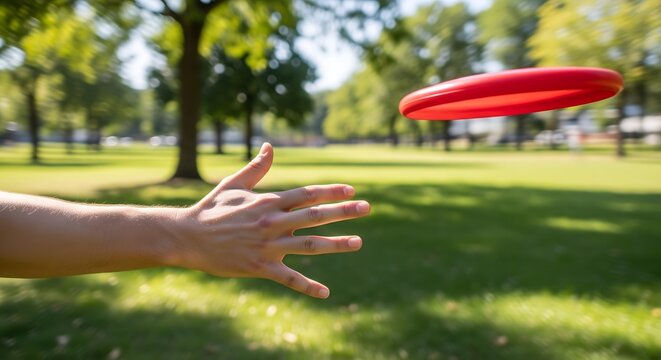 Hand reaching to catch a flying red disc in a sunny public park