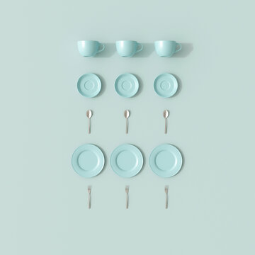 Blue tableware forms a sorted pattern for a coffee break