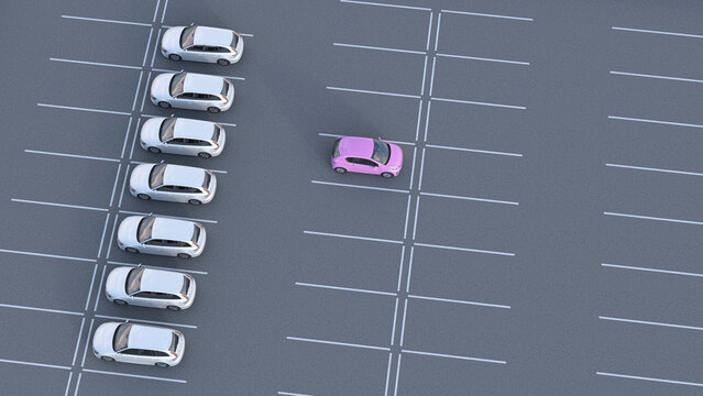A pink car stands out among white cars in a parking lot