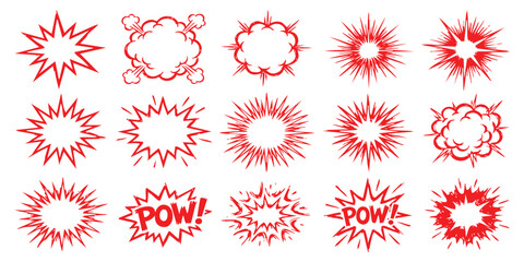 Set of comic book explosion speech bubbles and impact blast effects in red and yellow for action graphic design © ZenVectors