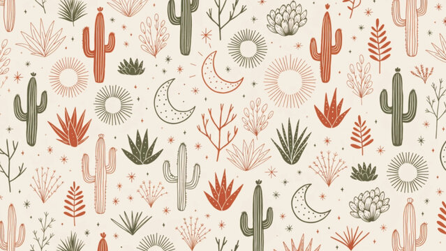 Cactus Seamless Pattern Desert Boho Mid Century Modern background 