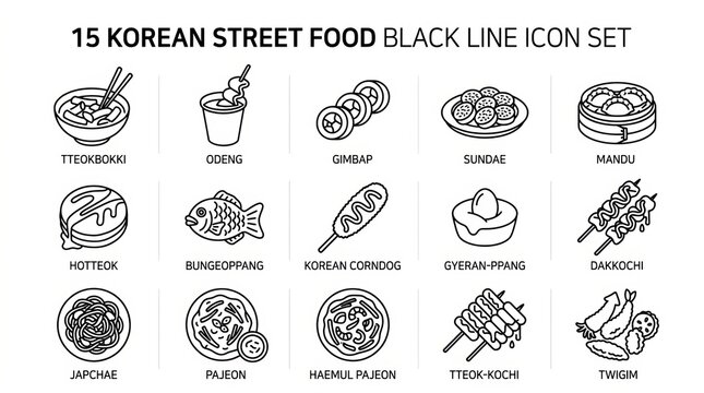 Collection of Fifteen Minimalist Korean Street Food Icon Illustrations.