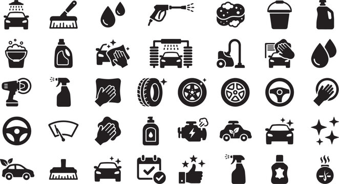 Car wash and vehicle maintenance service icons set featuring cleaning tools and automotive care symbols vector illustration