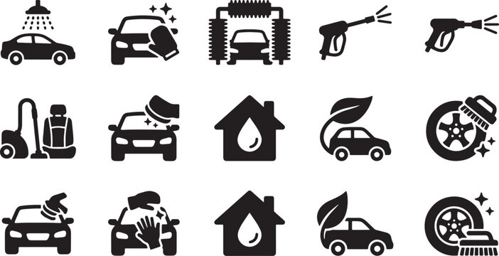 Car wash and vehicle maintenance service icons set featuring cleaning tools and automotive care procedures vector illustration