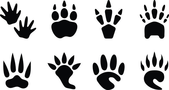 Collection of diverse black animal paw prints and footprints isolated on transparent background graphic elements