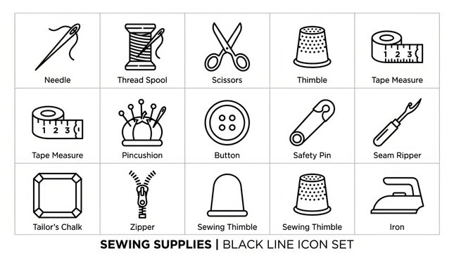 Black and White Icon Set of Various Sewing Supplies and Tools.