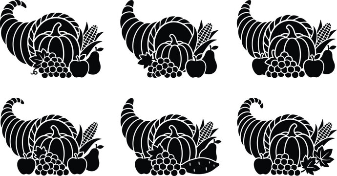 Thanksgiving Cornucopia Silhouette Vector Icon Set with Autumn Horn of Plenty Harvest Pumpkin Fruit for Holiday Designs