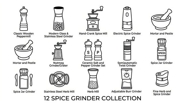 Hand Drawn Collection of Twelve Different Kitchen Spice Grinders and Mills.