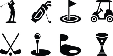 Collection of golf sport icons representing player club bag cart hole ball and trophy isolated on white © Lavly