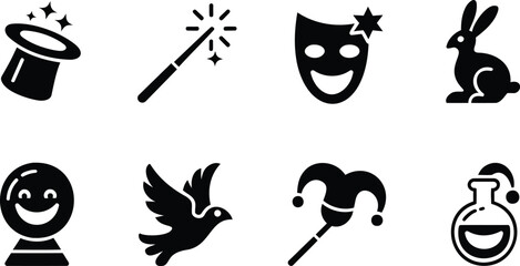 Collection of magic and illusion icons including a top hat wand mask rabbit and potion © Lavly