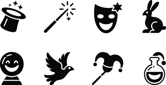 Collection of magic and illusion icons including a top hat wand mask rabbit and potion