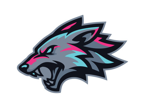 Fierce Wolf Head Mascot Logo Vector Illustration in Blue Gray and Pink Esports Gaming Animal Emblem