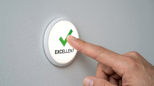 Finger pressing illuminated button with green checkmark and text touching
