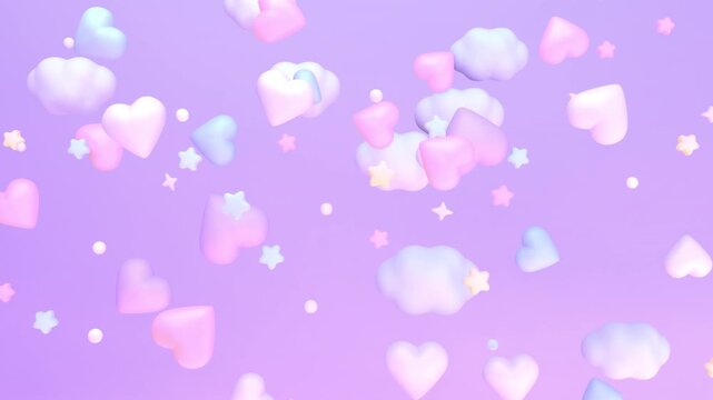 Dreamy hearts, stars, and clouds in the sky animation. (loop)