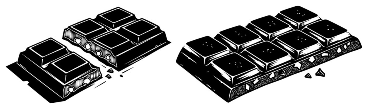 Chocolate bar chunks and broken pieces with nuts woodcut style, sweet cocoa dessert snack