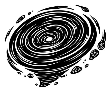 Abstract swirl tornado vortex woodcut style, spiral hurricane storm graphic design element