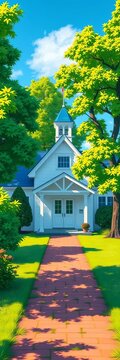 A colorful illustration of a schoolhouse with a bright blue roof and white walls surrounded by lush green trees and a path leading to the entrance, ||school, colorful