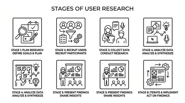 Illustrated Stages of User Research Process in Sequential Workflow Diagram.