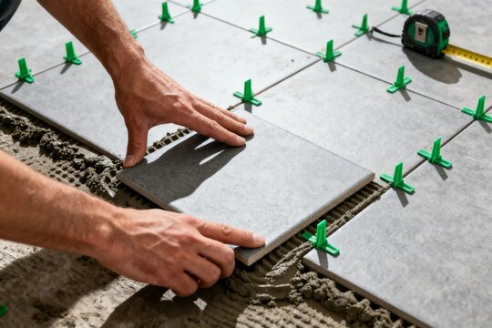 Hands laying gray tiles with green spacers