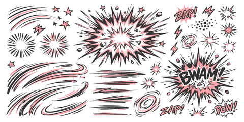 Set of hand drawn comic book sound effects and action speed lines with explosions and burst graphic elements © ZenVectors