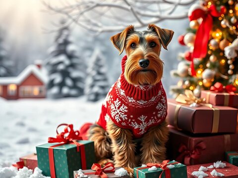 Airedale terrier dog in a festive red sweater with white snowflakes, sitting on a pile of gifts amidst winter wonderland scenery, soft, holiday cheer