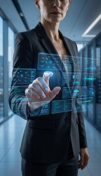 business woman touching virtual screen