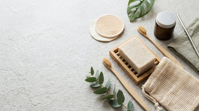 Flat lay of sustainable bathroom accessories and zero waste personal care products on a textured background.