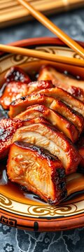Crisp roasted pork belly slices arranged on a traditional Asian plate with chopsticks, warm colors, main course