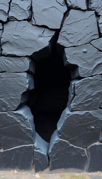 Dark, rugged slate wall cracks open to reveal hidden cavern, rough, stone