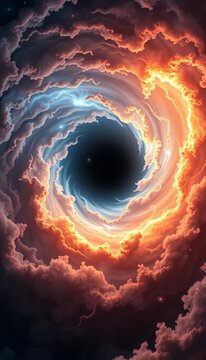 Ethereal vortex of cosmic dust and gas swirls around a dark central void, illuminated by vibrant energy pulses, Vortex, Glowing Energy