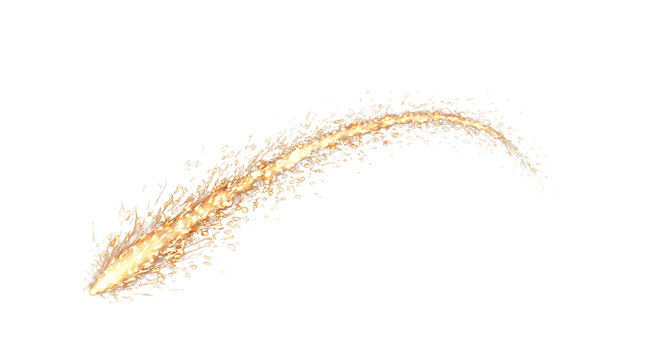 Glowing fire spark trail on white background, golden light streak with flying embers, magical firework effect, curved burning flame path