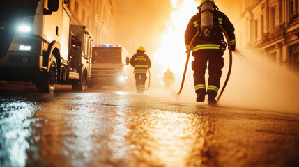 Firefighters running with hoses on wet road during golden hour, emergency scene © dvoevnore