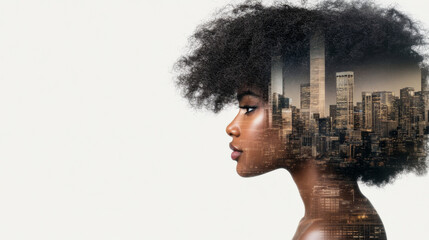 Double exposure of a thoughtful African American woman and urban skyline © dvoevnore