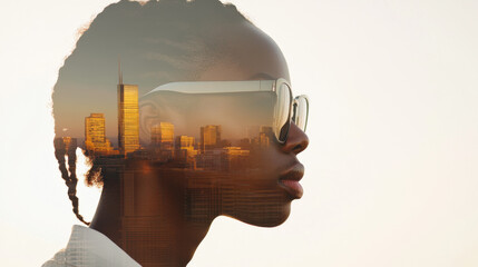 Double exposure of futuristic cityscape within profile of black man, concept © dvoevnore