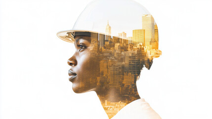 Double exposure of female construction worker and cityscape, conceptual background © dvoevnore