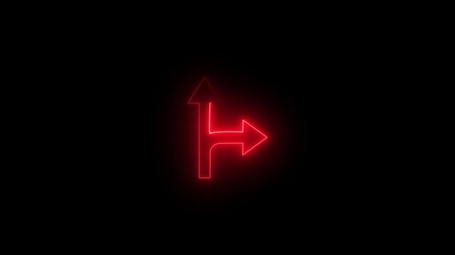 Abstract glowing red neon direction arrow icon animation on black background.