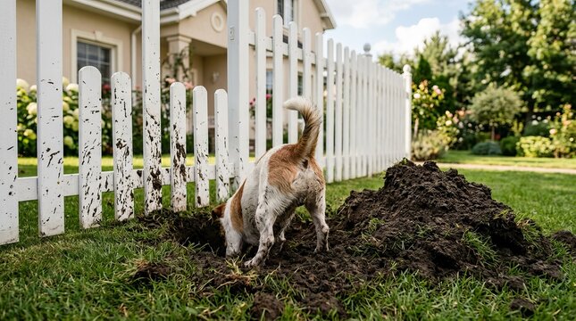 Dog digging hole in backyard near white fence, messy garden